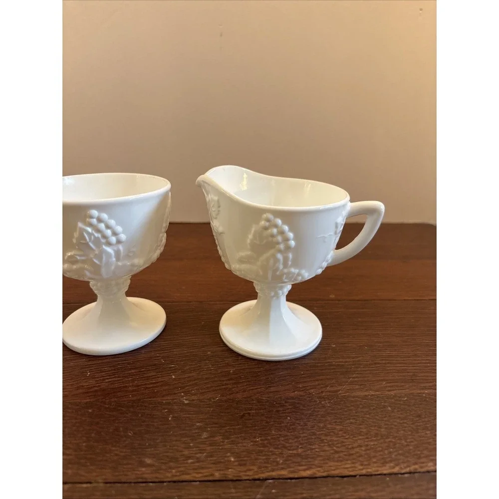 Vintage White Milk‎ Glass Grape Harvest Footed Creamer and Open Sugar Bowl Set